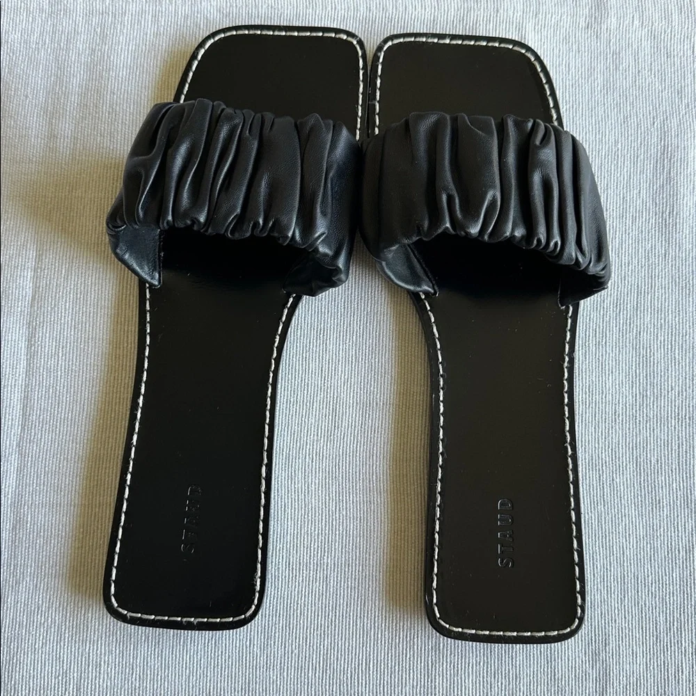 STAUD Black Nina Ruched Slide Slip On Leather Sandal Made in Portugal, Size 9